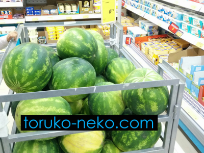 watermelon トルコ イスタンブール 猫歩き スーパーマーケットで金かごに入れられてスイカが売られている写真 画像