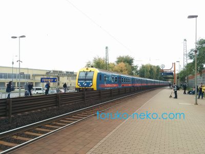 ハンガリーの電車の様子 FERIHEGY という駅に電車がやってくるところの写真 画像。