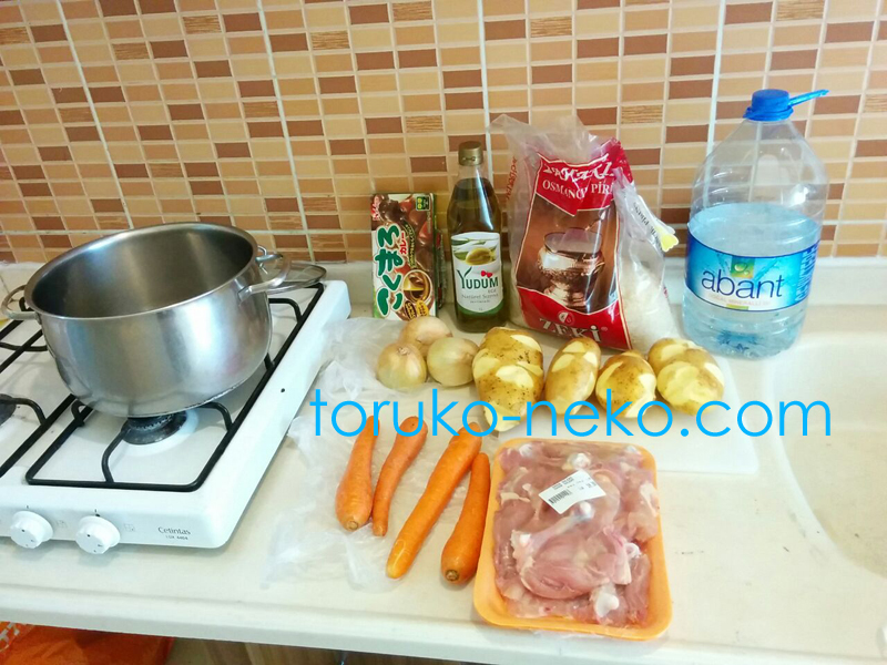 カレーライスに必要な食材 じゃがいも 人参 鶏肉 カレールー 水 オリーブオイル お米 が鍋の横においてあり、キッチン流しに写っている画像 写真トルコ イスタンブール ガスコンロ